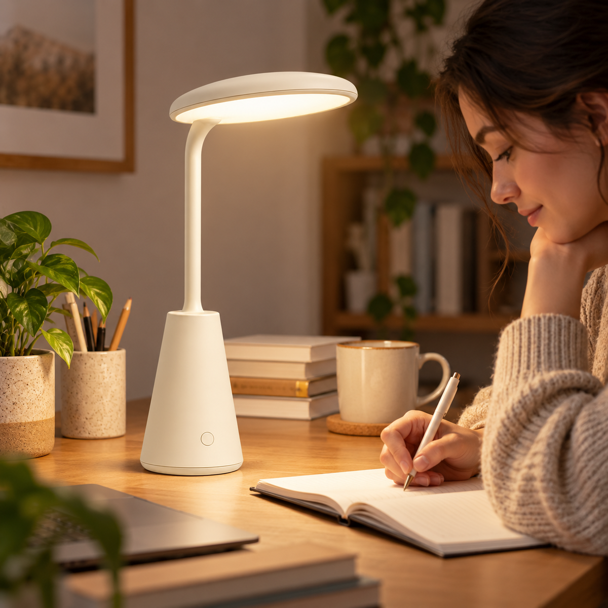 Cremeweiße LED-Tischlampe mit ovalem Leuchtenkopf – Minimalistische Ambientebeleuchtung für Schreibtisch, Nachttisch & Zuhause