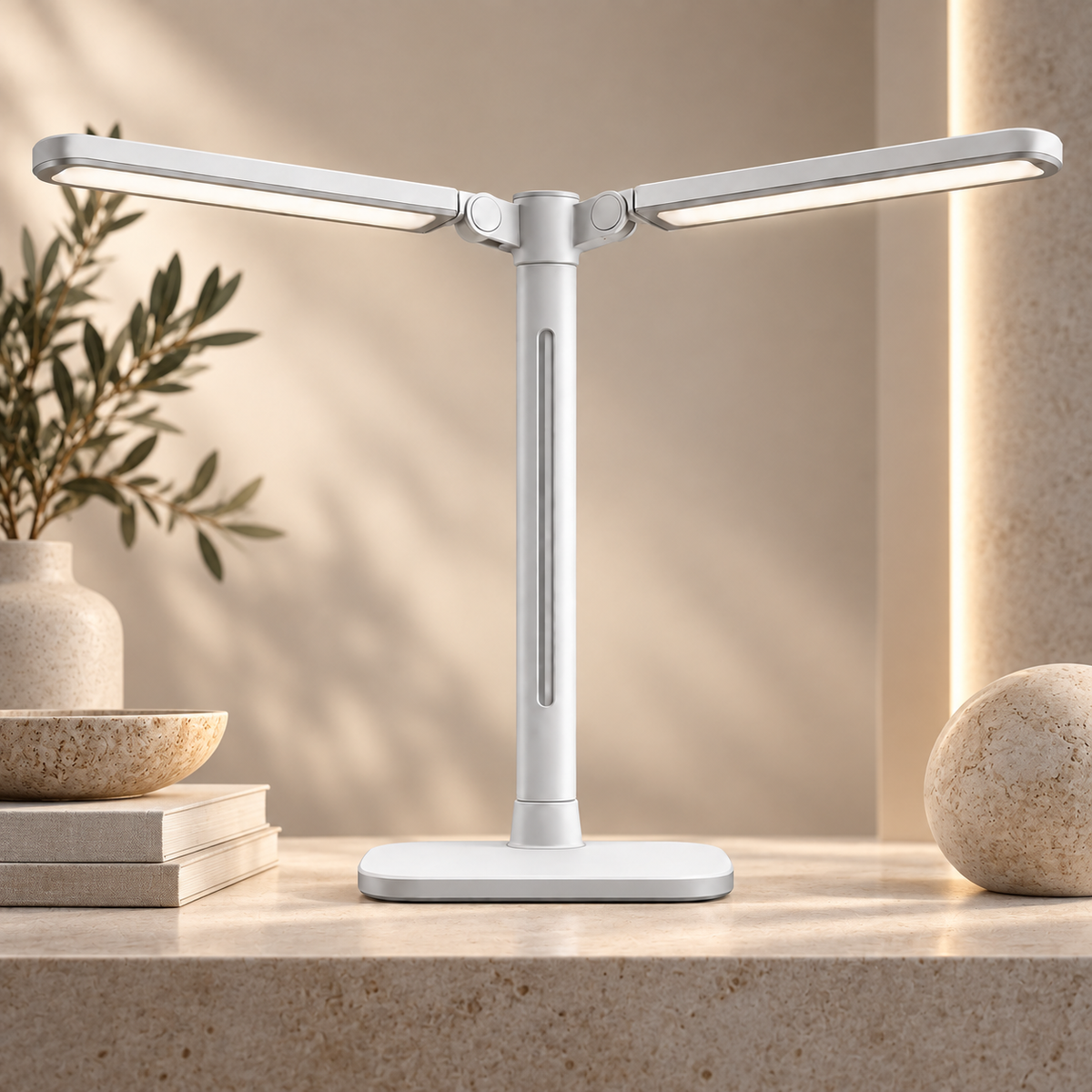 Doppelkopf LED-Schreibtischlampe in Weiß – Breite Arbeitsleuchte mit verstellbaren Lichtarmen für Homeoffice & Lernen