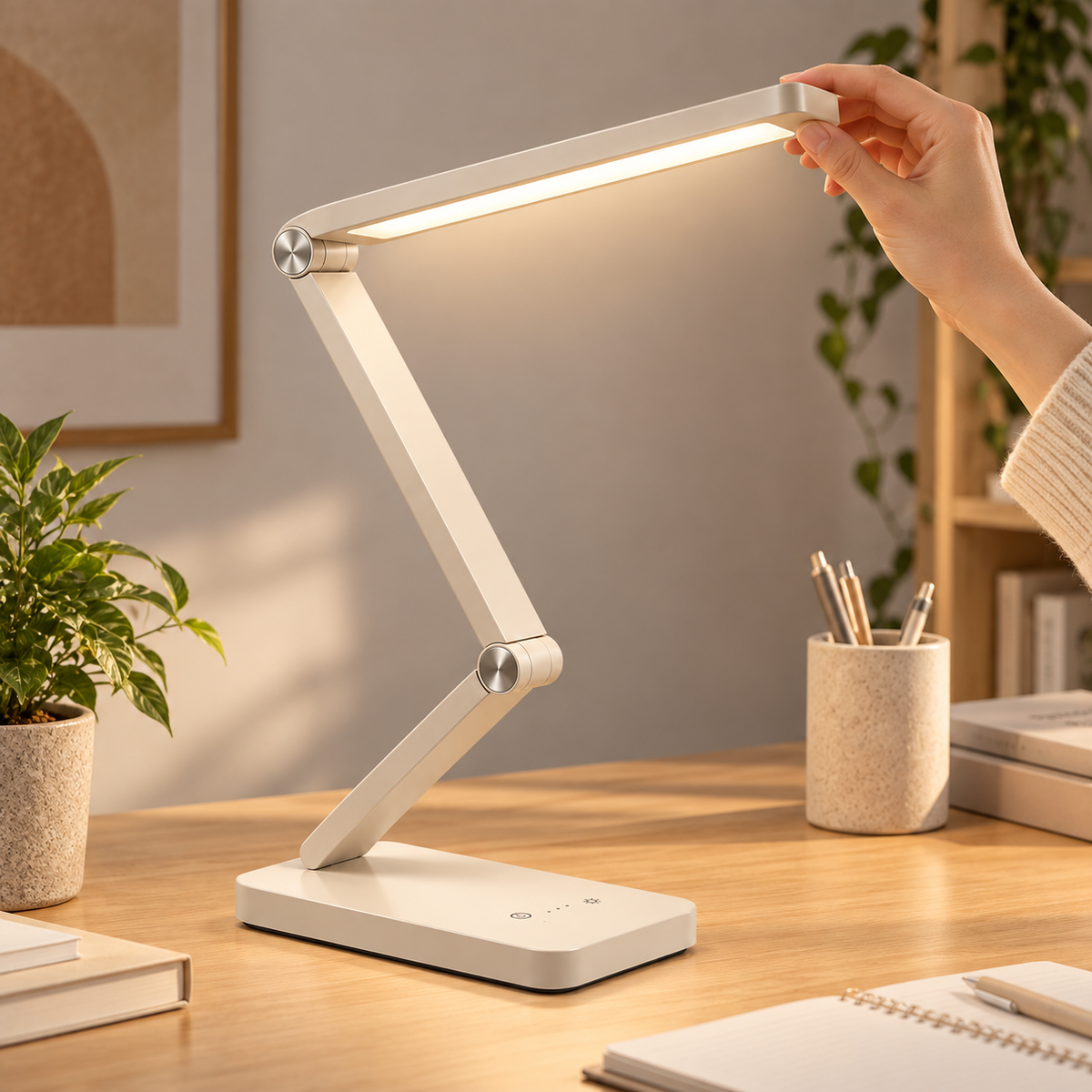 Verstellbare LED-Schreibtischlampe in Cremeweiß – Moderne Arbeitsleuchte mit Touch-Bedienung für Homeoffice &amp; Lesen